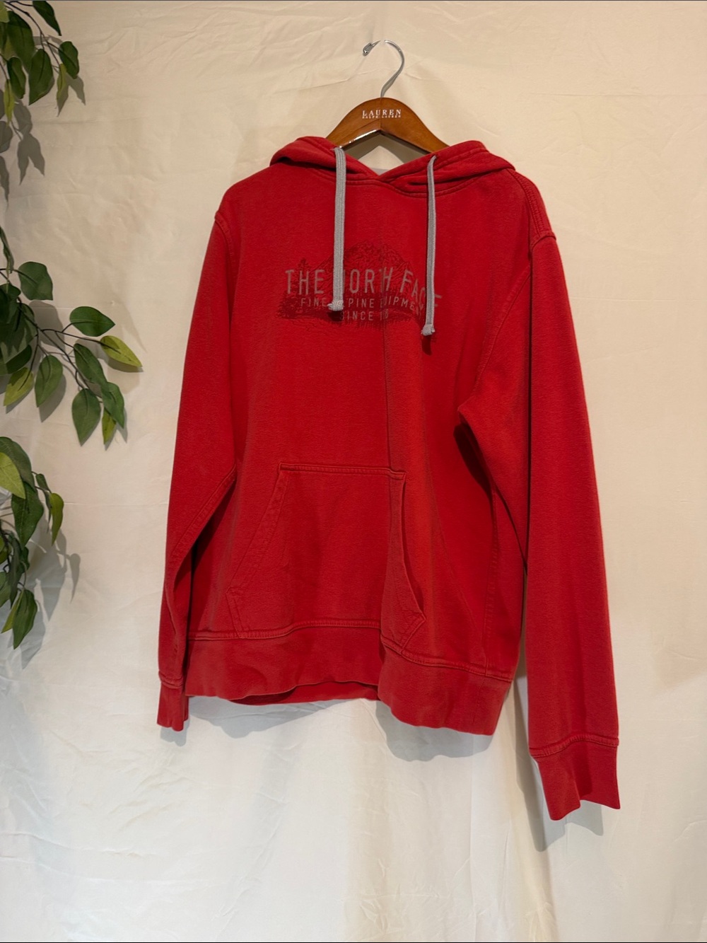The North Face Red Hooded Sweatshirt with Gray Drawstrings